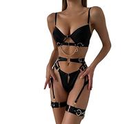 Generico Donna Fishnet Bodystocking Plus Size Crotchless Pigiama da Donna Divertente da Donna Reggiseno Sexy con Bottoni in Metallo interlacciato (Black, M) Lingerie Donna Cotone