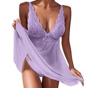 Generico Donna Lingerie Pigiama Abito Pizzo Completo Intimo Prospettiva Babydoll Scollo a V Halter Backless Lingerie Pigiama Confortevole Reggiseno Floreale con Pizzo Morbido