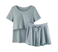 Generico Donna Pigiama Premaman Allattamento Cotone e Camicia da Notte Donna Estiva, Completo Due Pezzi per Parto Ospedale e Post Parto, Abbigliamento maternità con Manica Corta e Pantaloncini