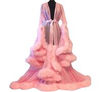 Generico Donna Sexy Vestaglia Piume Scollo a V Vestaglia da Donna Sexy in Piume Trasparenti Volant Kimono da Donna in Tulle di Pizzo A Maniche Lunghe Camicia da Notte Intimo,F,One Size