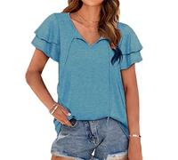 Generico Donna Summer Tops Ruffle T-Shirt a Manica Corta Casual Slim Fit Legato al Collo a V (Light Blue,XL)