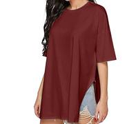 Generico Donna T-Shirt Maniche Corte da in Cotone A con Spacco Laterale Ampio Comoda Maglietta Tinta Unita Scollo Tondo T Shirt Manica Corta Magliette Estive T- Basic Brasile Abbigliamento Rosso XXL