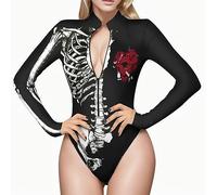 Generico Donne Manica Lunga Digitale Stampato Cerniera Pelle Stretto Indumento Cosplay Partito Guanti In Pelle Medievale Pagliaccetto Body Abbigliamento