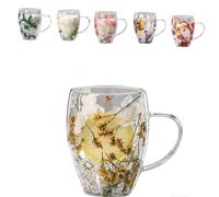 Generico Double Glass Flower Tea Cup,Clear Flower Insulated Coffee Mugs with Handle,Creative Clear Insulated Layer Dried Flower Cups Insulated Glass Cups (yellow)
