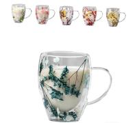 Generico Double Glass Flower Tea Cup,Clear Flower Insulated Coffee Mugs with Handle,Creative Clear Insulated Layer Dried Flower Cups Insulated Glass Cups (blue)
