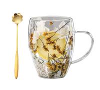 Generico Double Glass Flower Tea Cup,Handcrafted Clear Flower Coffee Mugs with Handle 350 ML,Creative Aesthetic Insulated Anti-Scalding Coffee Cups for Hot Beverages,Tea,Milk,Juice