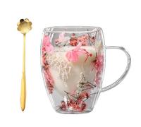 Generico Double Glass Flower Tea Cup,Handcrafted Clear Flower Coffee Mugs with Handle 350 ML,Creative Aesthetic Insulated Anti-Scalding Coffee Cups for Hot Beverages,Tea,Milk,Juice