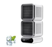 Generico Double-Layer Shaking Ice Desktop Fan, Portable Dual Heads 360° Rotating Rechargeable Table Fan, 120° Auto Oscillating,Intelligent Digital Display,Small Quiet Table Fans (White)