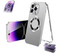 Generico Double-Sided Magnetic Phone Case, Magnetic Tempered Glass Double Sided for iPhone Case, MetalMagnetic Full-Cover Anti-Fall Mobile Phone Cases (Silver,16)