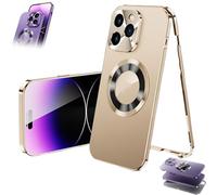 Generico Double-Sided Magnetic Phone Case, Magnetic Tempered Glass Double Sided for iPhone Case, MetalMagnetic Full-Cover Anti-Fall Mobile Phone Cases (Gold,16E)
