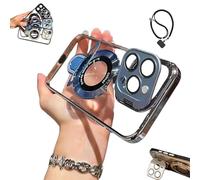 Generico Double Stand Case Cover for iPhone,Folding Stand Case Cover, with Camera Holder,Transparent Electroplated Four Corners Shockproof Cases for16 /15/14/13 Pro Max (For iphone 13ProMaX,Blue)