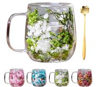 Generico Double Transparent Glass Flower Tea Cup,Insulated Layer Dried Flower Coffee Cups with Handle,Creative Clear Heat Resistant Flowers Cup for Unique Gift Idea,Tea Milk Hot Cold Drinkers (Green)
