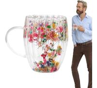 Generico Double Walled Coffee Cup - Glass 300ml 5.5x8.5x11cm | Clear Beverage Drinking Cup With Dried Flowers Handle Mug | For Hot Cold Drinks Home Kitchen Office Use