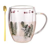 Generico Dried Flower Insulated Glass Coffee Mug,350ml Double Wall Clear Tea Cup,Creative Heat Resistant Non-Slip Cups with Ergonomic Handle for Tea,Family Use,Friends Gift,Home or Office (Green)