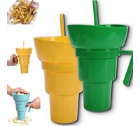 Generico Drink Cup with Snack Bowl, Cup Bowl Combo with Straw Leak Proof, Portable Mug Proof 2-in-1 Cups & Bowls Set with Straw, for Home, Cinema, Travel, Stadium (Yellow+Green)