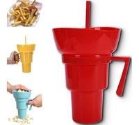 Generico Drink Cup with Snack Bowl, Cup Bowl Combo with Straw Leak Proof, Portable Mug Proof 2-in-1 Cups & Bowls Set with Straw, for Home, Cinema, Travel, Stadium (Red)