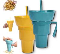 Generico Drink Cup with Snack Bowl, Cup Bowl Combo with Straw Leak Proof, Portable Mug Proof 2-in-1 Cups & Bowls Set with Straw, for Home, Cinema, Travel, Stadium (Blue+Yellow)
