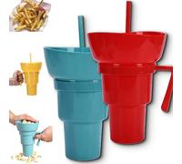 Generico Drink Cup with Snack Bowl, Cup Bowl Combo with Straw Leak Proof, Portable Mug Proof 2-in-1 Cups & Bowls Set with Straw, for Home, Cinema, Travel, Stadium (Red+Blue)