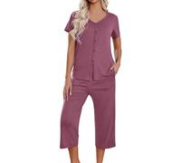 Generico Due Pezzi Donna Estivo Morbido Pigiama Offerte Completo Casual Pantalone e Top Signora Anziana a Maniche Corte da Set in Cotone Per Anziani Comodi Larghi Curvy Accogliente Tinta Unita