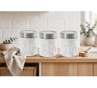 Generico EDITACASA - Tris Barattoli Caffè Zucchero Sale in Vetro - Set 3 Contenitori - 10x12 cm con Coperchio Inox e Finestra - Barattoli Ermetici Salvaspazio Design Botanico - Bianco