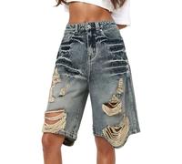 Generico Elastico Jeans Strappati Five Point da Donna Estivi retrò Larghi Sottili Modello High Street Pantaloni A Gamba Larga per Casual Quotidiano Pantaloni Trekking Donna Leggero Lavoro (Blue, M)