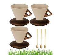 Generico Elegant Conical Coffee Cup，250ml Vintage Cone Shaped Creative Irregular Shape Retro Wood Coffee Mug ，4pcs set vintage coffee mugs，with Wooden Base Saucer Set ， For Home, Office (3A)