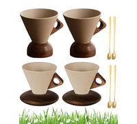 Generico Elegant Conical Coffee Cup，250ml Vintage Cone Shaped Creative Irregular Shape Retro Wood Coffee Mug ，4pcs set vintage coffee mugs，with Wooden Base Saucer Set ， For Home, Office (4A+B)