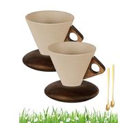 Generico Elegant Conical Coffee Cup，250ml Vintage Cone Shaped Creative Irregular Shape Retro Wood Coffee Mug ，4pcs set vintage coffee mugs，with Wooden Base Saucer Set ， For Home, Office (2A)