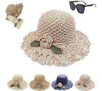 Generico Elegant Crochet Straw Hat with Ruffle Detail,Women Vintage Ruffle Bowknot Straws Hat,UV Protection Hand Woven Sun Hats