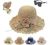 Generico Elegant Crochet Straw Hat with Ruffle Detail,Women Vintage Ruffle Bowknot Straws Hat,UV Protection Hand Woven Sun Hats
