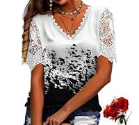 Generico Elegant Lace Trim Floral Butterfly Top, Women‘s Lace Trim V Neck Shirts, Any Occasion (Black,XXL)