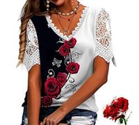 Generico Elegant Lace Trim Floral Butterfly Top, Women‘s Lace Trim V Neck Shirts, Any Occasion (Red,XXL)