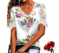 Generico Elegant Lace Trim Floral Butterfly Top, Women‘s Lace Trim V Neck Shirts, Any Occasion (White,XXL)