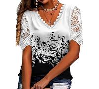 Generico Elegant Lace Trim Floral Butterfly Top-Women’s Summer V Neck Short Sleeve Breathable Shirt (Style 3,L)