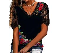 Generico Elegant Lace Trim Floral Butterfly Top-Women’s Summer V Neck Short Sleeve Breathable Shirt (Style 5,L)