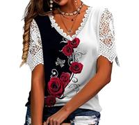 Generico Elegant Lace Trim Floral Butterfly Top-Women’s Summer V Neck Short Sleeve Breathable Shirt (Style 2,XXL)