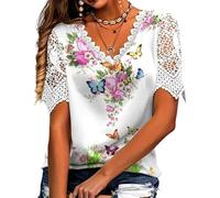 Generico Elegant Lace Trim Floral Butterfly Top-Women’s Summer V Neck Short Sleeve Breathable Shirt (Style 1,XL)