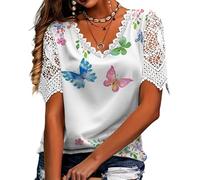 Generico Elegant Lace Trim Floral Butterfly Top-Women’s Summer V Neck Short Sleeve Breathable Shirt (Style 4,XXL)