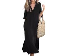 Generico Elegant V-Neck Slit Dress, Cotton And Linen V-Neck Midi Dress, Linen Dresses for Women 2025 (Black,L)