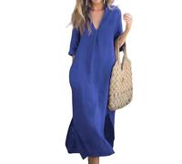 Generico Elegant V-Neck Slit Dress, Cotton And Linen V-Neck Midi Dress, Linen Dresses for Women 2025 (Blue,L)