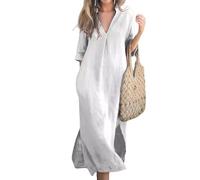Generico Elegant V-Neck Slit Dress, Cotton And Linen V-Neck Midi Dress, Linen Dresses for Women 2025 (White,XL)