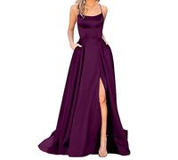 Generico Elegante abito da donna lungo, con tasche, in raso, linea ad A, schiena scoperta, abito da sera, da matrimonio, sexy, con allacciatura al collo, da principessa, damigella d'onore