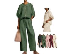 Generico Elegante Completo Due Pezzi in Lino: Camicia con Colletto Peter Pan e Pantaloni a Gamba Larga - Abbigliamento Casual, da Viaggio e Relax per Primavera/Estate (Green,2XL)