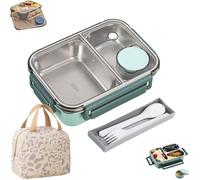 Generico Escentio Lunch Box, Stainless Steel Bento Box, Food Warmer, Leak-Proof Stackable Cutlery Set, Large Capacity with 2/3 Compartment for Adults, Office & Travel (Green,2-Grid+thermal bag)