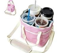 Generico Family Size 4 Compartment Drink Bag, Insulated Drink Carrier Bag for 4 Cups, Water Bottle Holder with Adjustable Strap, Reusable Cup Holder Tote for Travel, Sports (Pink)