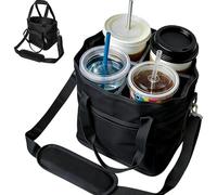 Generico Family Size 4 Compartment Drink Bag, Insulated Drink Carrier Bag for 4 Cups, Water Bottle Holder with Adjustable Strap, Reusable Cup Holder Tote for Travel, Sports (Black)