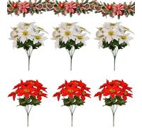 Generico Faux Poinsettia for Outdoor Planters, Artificial Poinsettia Flowers with Red Fabric Petals and Green Leaves, 7-Head 13 Inch Floral Stems for Indoor Outdoor Displays