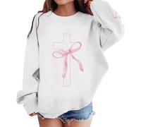 Generico Felpa Bambina Casual con Stampa di Croce Gesù e Fiocco Rosa Collo Tondo Senza Cappuccio Morbida e Confortevole per Scuola e Gioco per Ragazze 3-10 Anni(White, 4-5 Years)