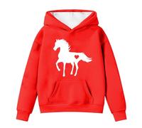 Generico Felpa Bambina con Stampa Cavallino Cappuccio e Taschino Maniche Lunghe in Pile Morbido e Accogliente(Red, 6-7 Years)