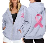 Generico Felpa con cappuccio e zip da donna in pile coulisse regolabile tasca anteriore maniche lunghe design casual per sensibilizzazione sul cancro al seno uso quotidiano autunnale invernale